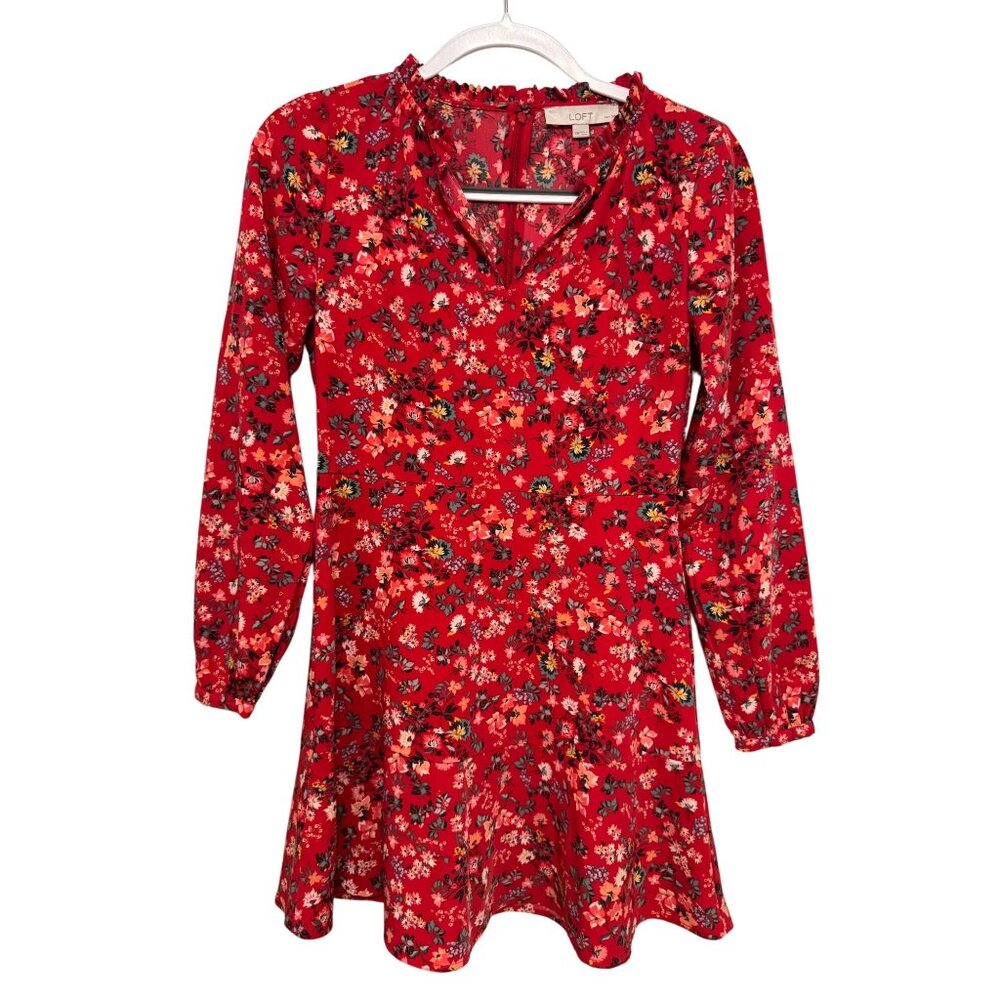 Red Floral Long Sleeve Mini Dress Ruffle Neckline‎ Boho Romantic 00P